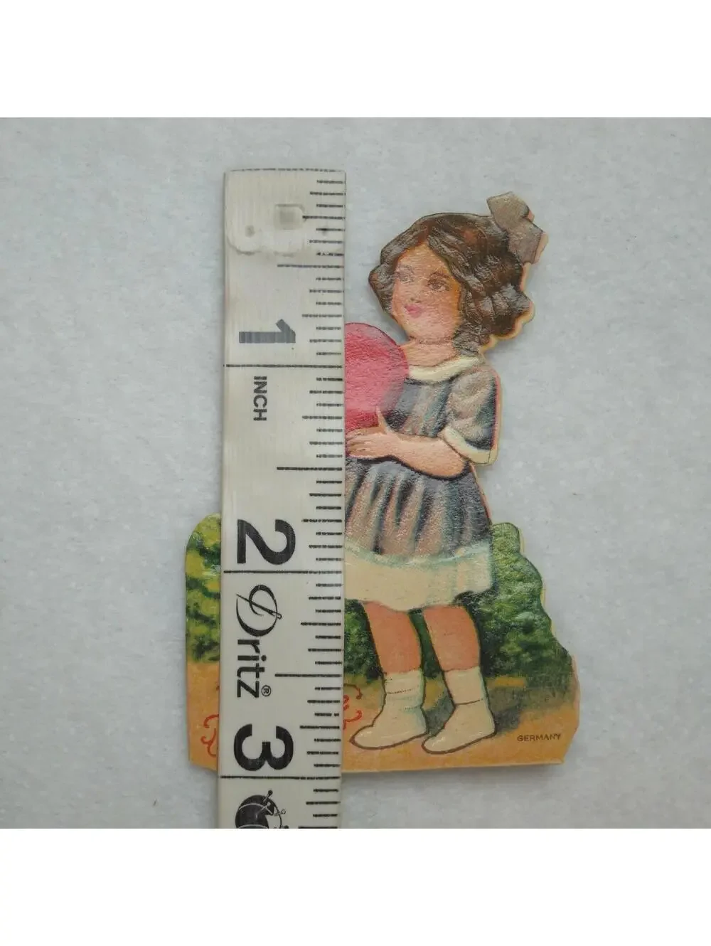 Vintage Valentine Die Cut Stand Up Girl Purple Dress Hold Heart 1920-30s Germany